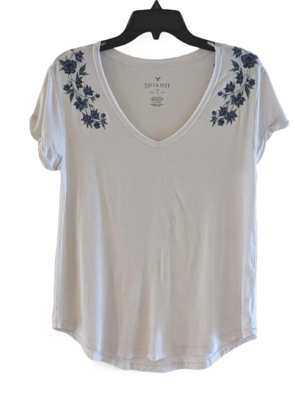 American Eagle Outfitters White V-Neck Tee with Blue Floral Shoulder Embroidery